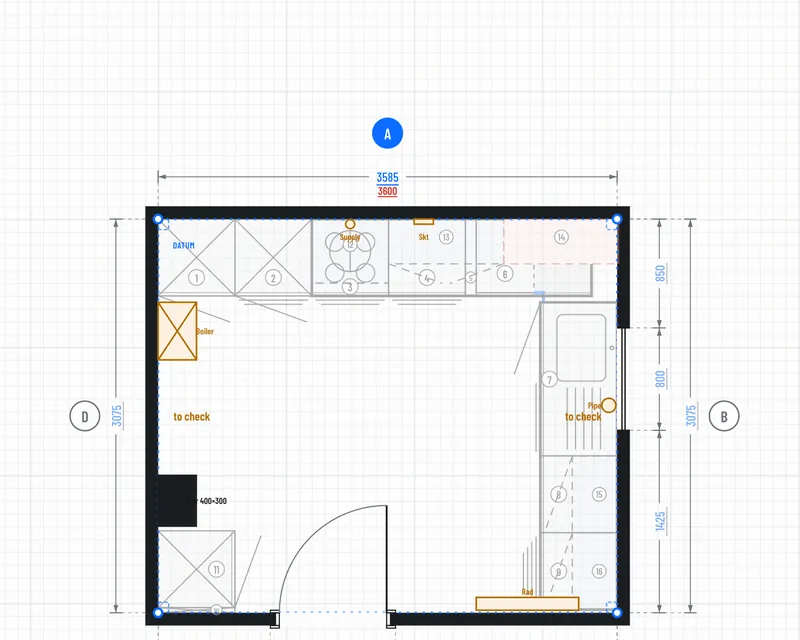 Check measure: wall A re-measured at 3585 shown in blue above the original 3600 in red