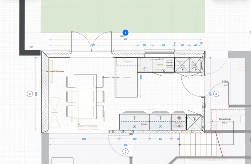 Design drawn over the survey: a door moved to another wall, an opening blocked up, a new kitchen and dining table, the existing kitchen shown faint
