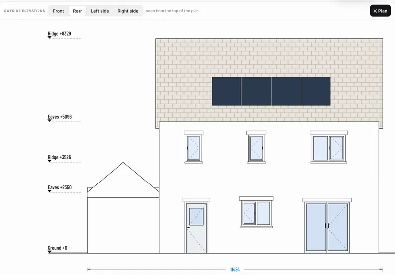 Outside rear elevation of the house with solar panels, garage, and eaves, ridge and ground levels