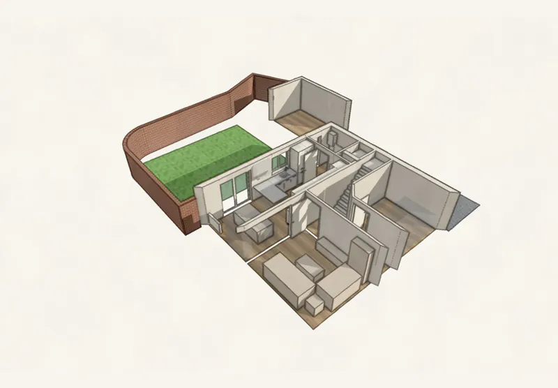 3D cut-away of the ground floor with furniture and stairs
