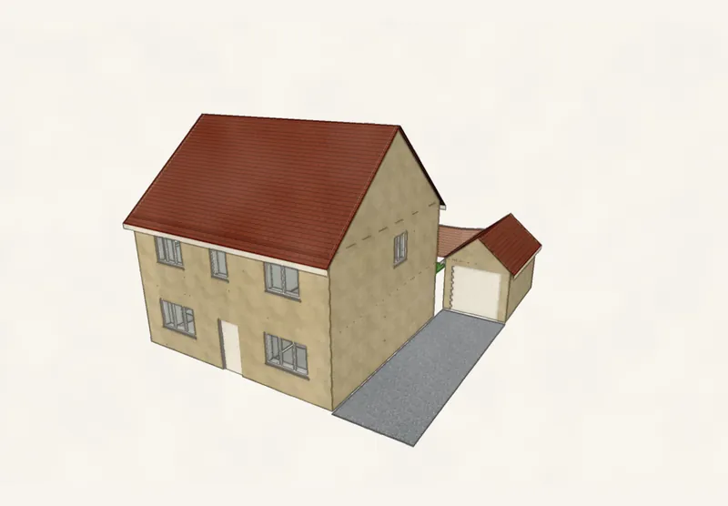 3D model of the house from the front with garage and drive