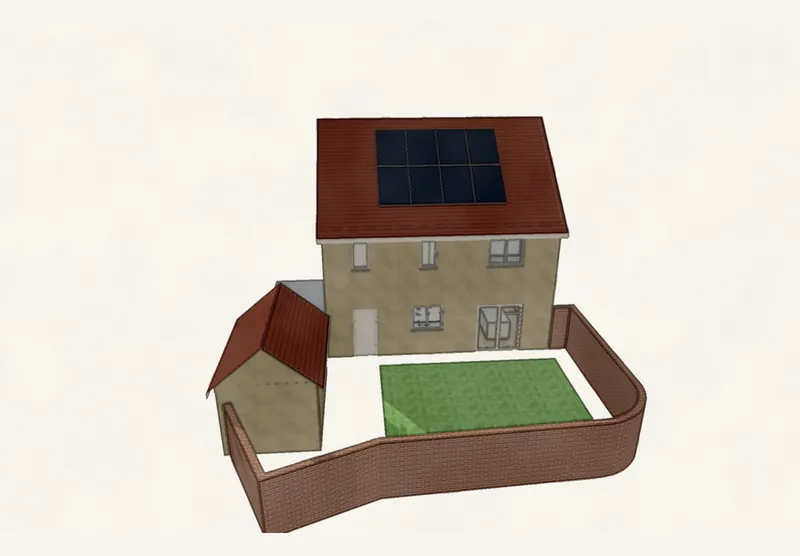 3D view of the rear of a house with solar panels, garage and walled garden