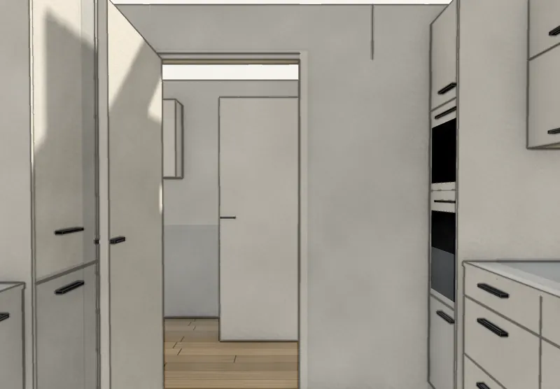 3D view inside the kitchen looking through to the hall