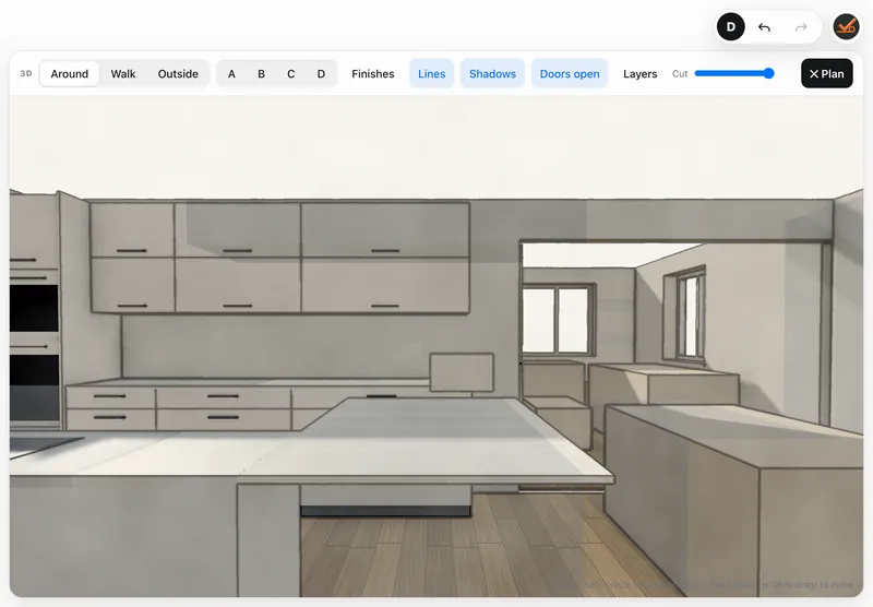 3D view inside the kitchen with an island, tall units and wood floor