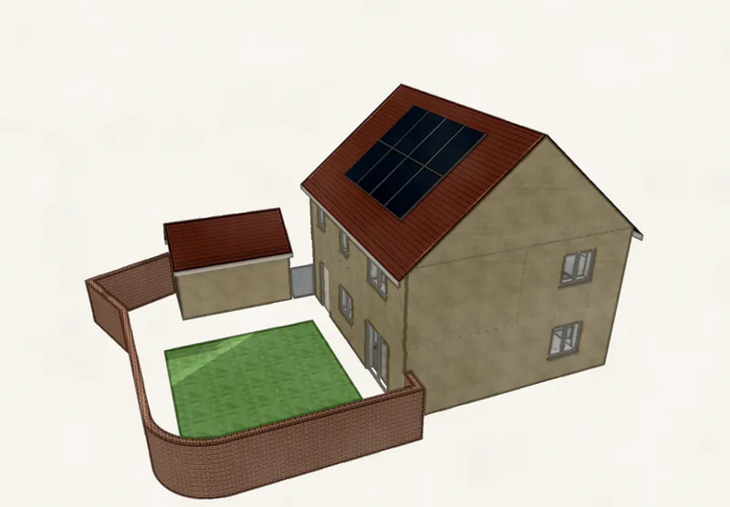 3D model of the rear with solar panels and the walled garden