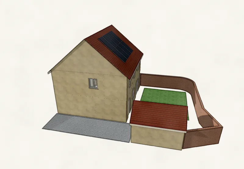 3D model of the side of the house with garage and garden