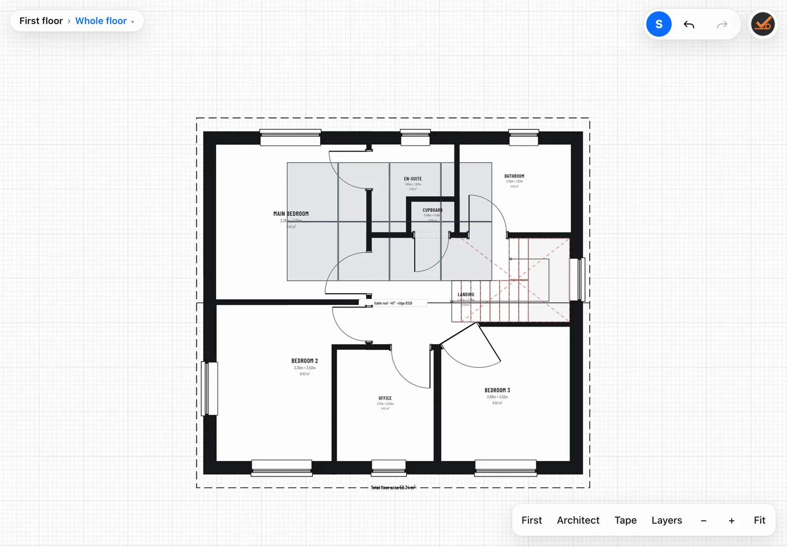 First-floor plan with room names, sizes and areas