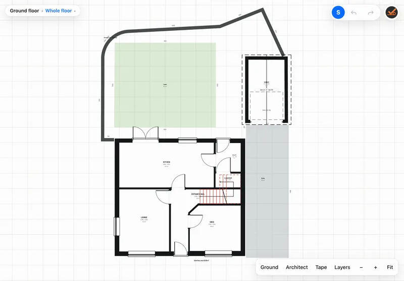 Estate-agent style ground-floor plan with the plot