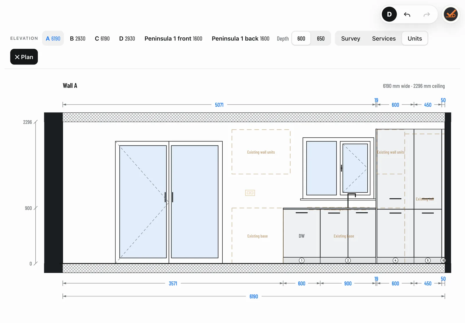 Kitchen wall elevation with French doors, window and units