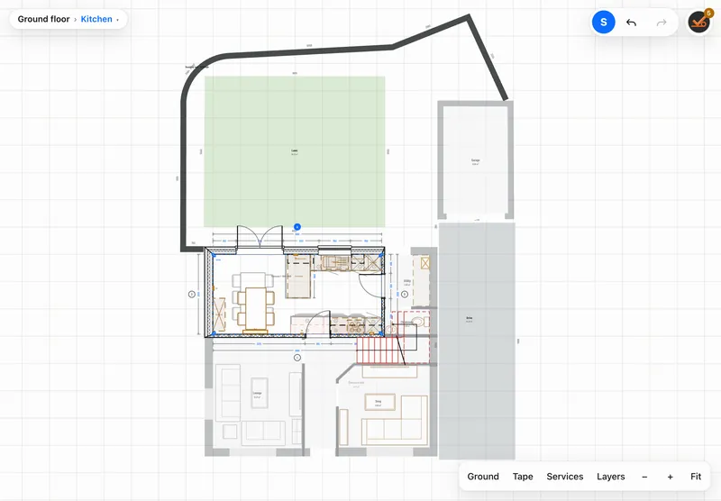 Survey of the kitchen within the whole ground floor