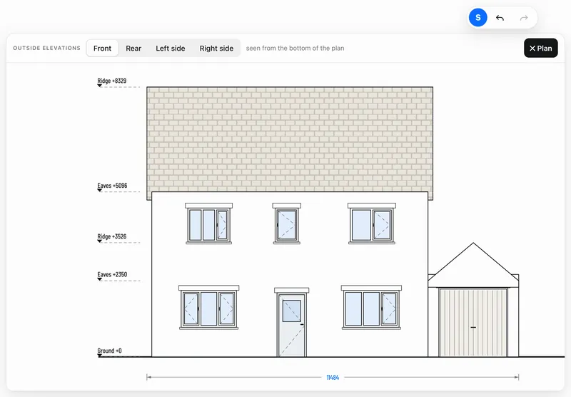 Outside front elevation with levels