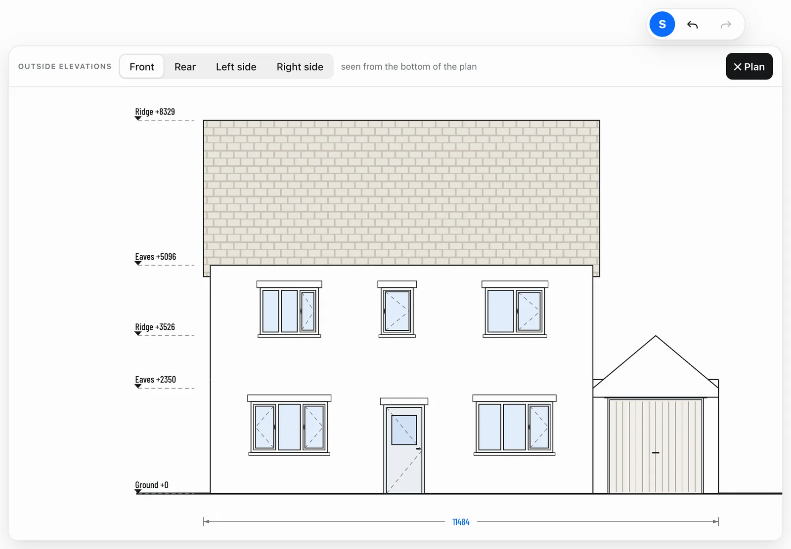 Outside front elevation with eaves, ridge and ground levels and the garage