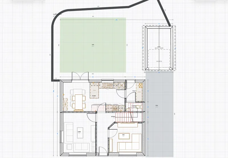 Survey of a whole ground floor with kitchen, utility, cloakroom, lounge and snug, plus the garden, drive and garage